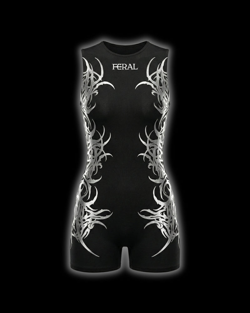FERAL Silver Sigilism One-Piece Romper - backless design with silver cyber sigilism embroidery