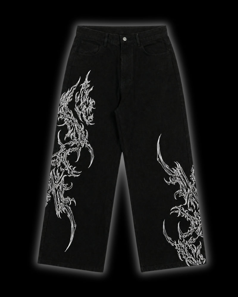 FERAL Sigilmarked Jeans front - unisex black denim with white cyber sigilism embroidery