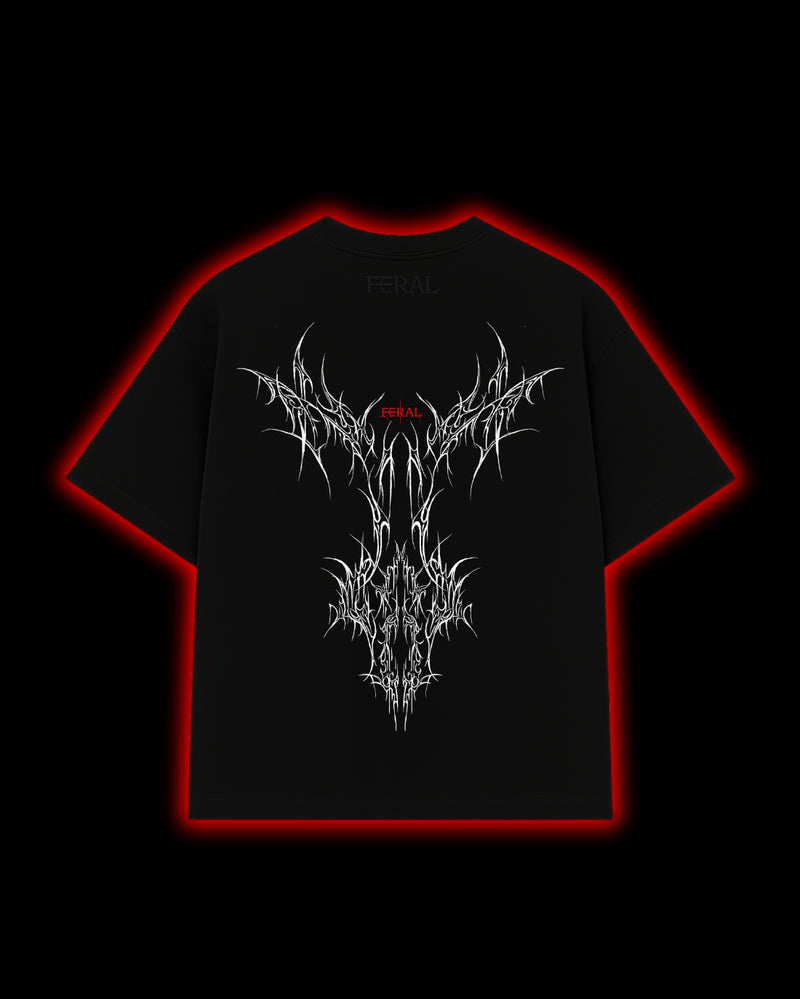 FERAL Sigil of Ascendancy back print - intricate cyber sigilism design on black oversized tee