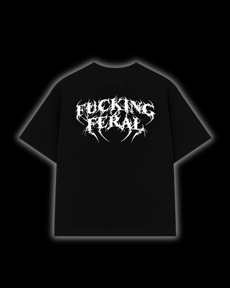 FERAL Fucking Feral tee back print - bold cyber sigilism design on black oversized tee