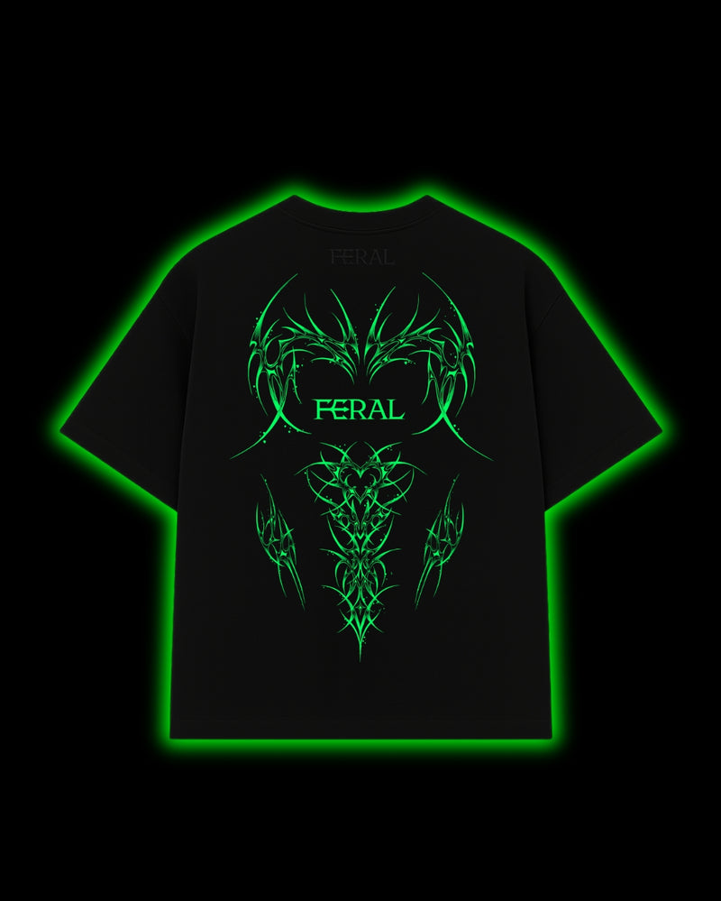 FERAL Rogue Neon Green tee back - neon green cyber sigilism print on black oversized tee