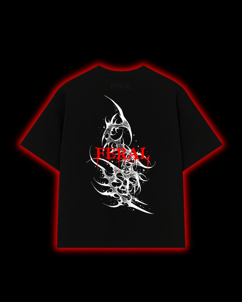 FERAL Bloodline Chaos back print - dark cyber sigilism design on black oversized tee