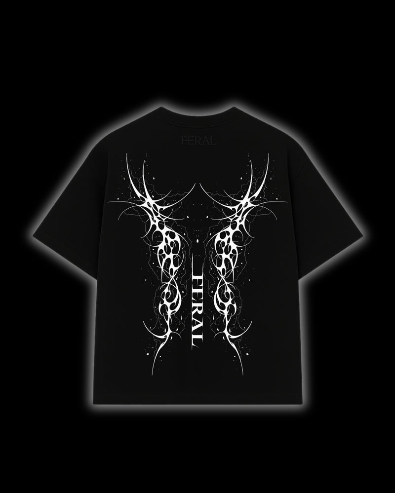 FERAL Sigil of Ruin back print - aggressive cyber sigilism design on black oversized tee