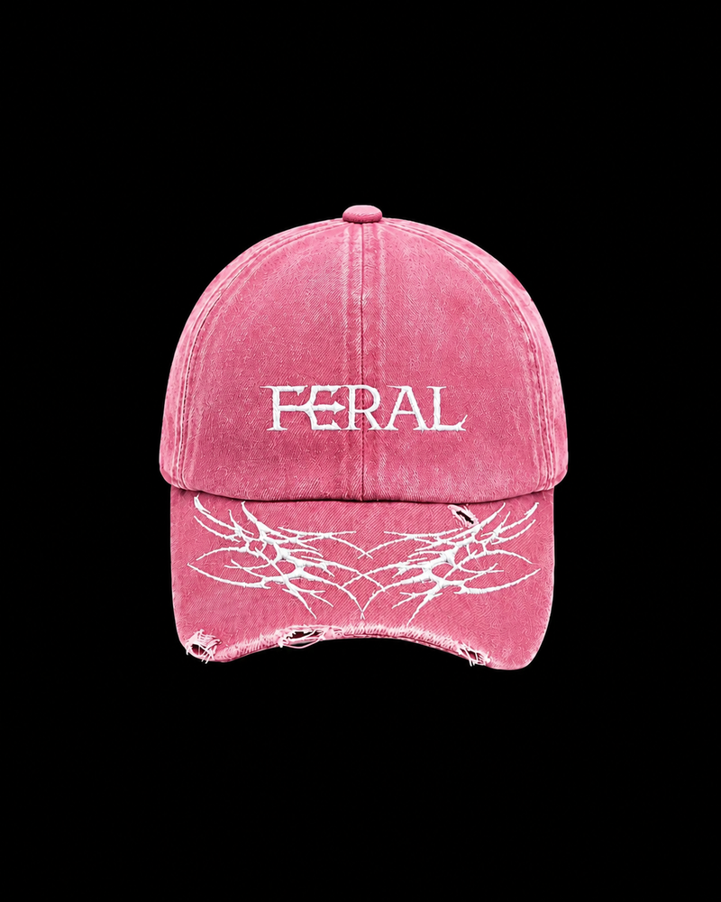 feral pink cyber-sigilism snap back cap hat embroiered distressed