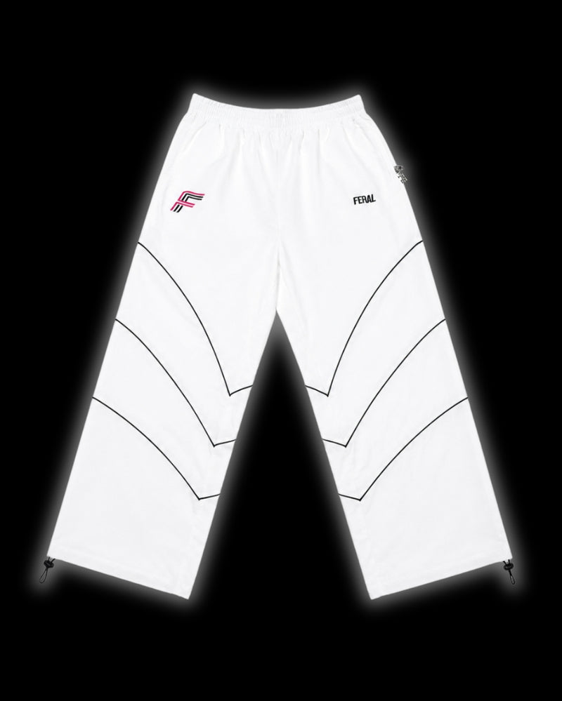 TRIBAL RACER TRACK PANT pink front white wide-leg nylon black chevron piping drawstring ankle cuffs FERAL hip logo F monogram