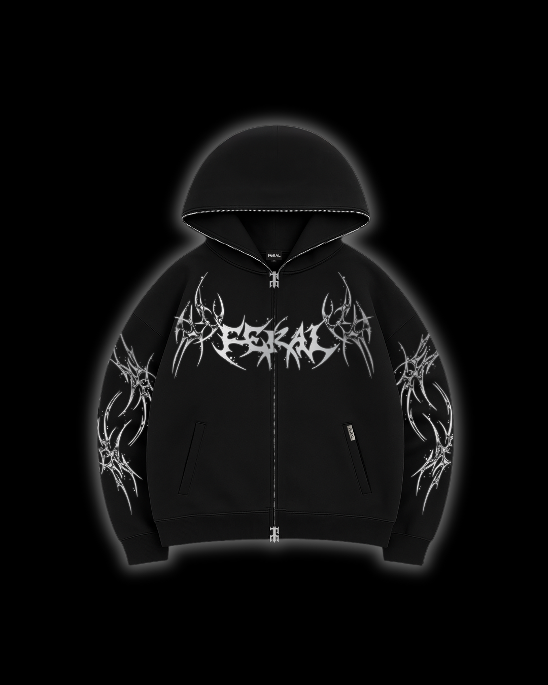 FERAL Rogue Zip Hoodie metallic silver front - reflective cyber sigilism pattern on black zip hoodie