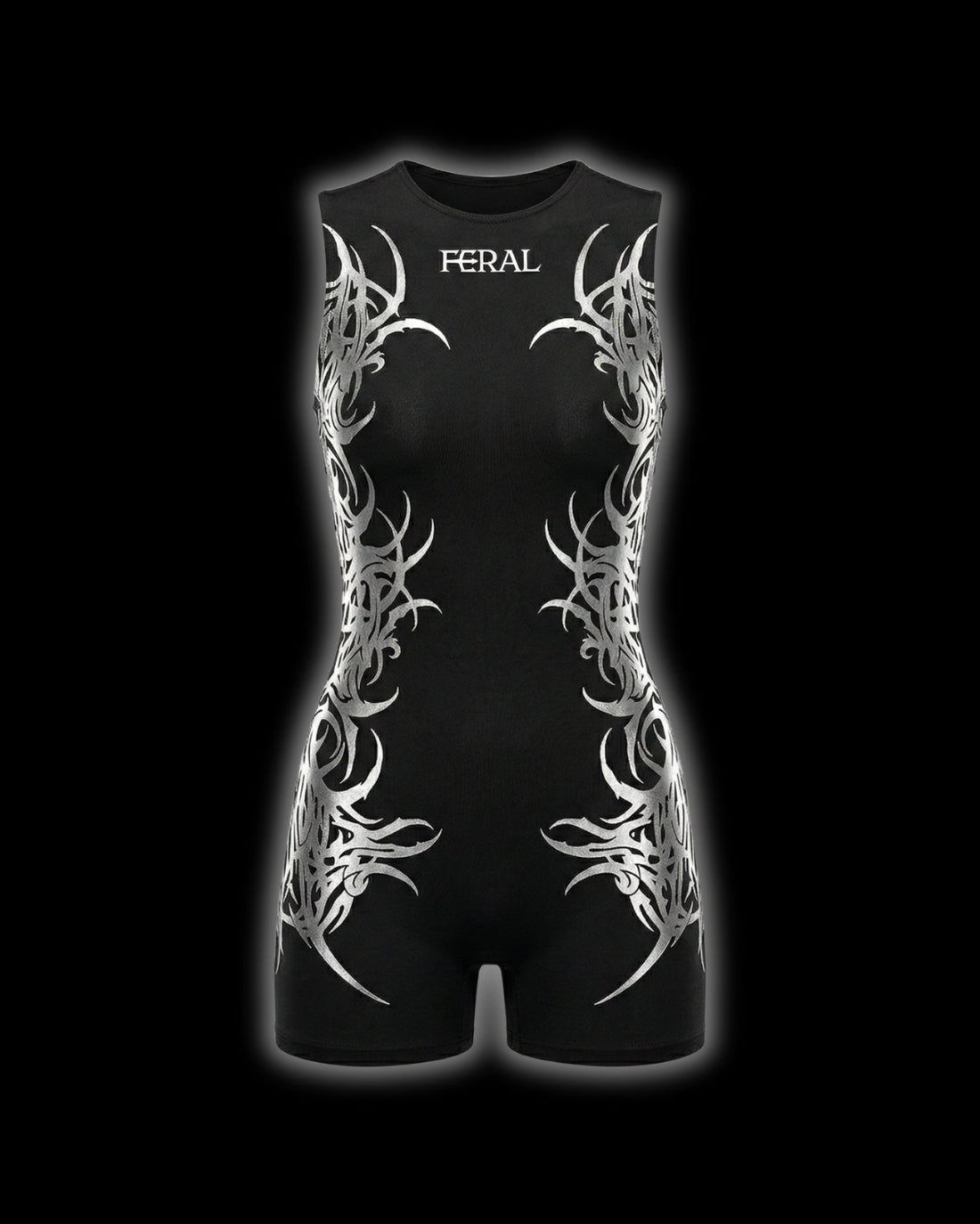 FERAL Silver Sigilism One-Piece Romper - backless design with silver cyber sigilism embroidery