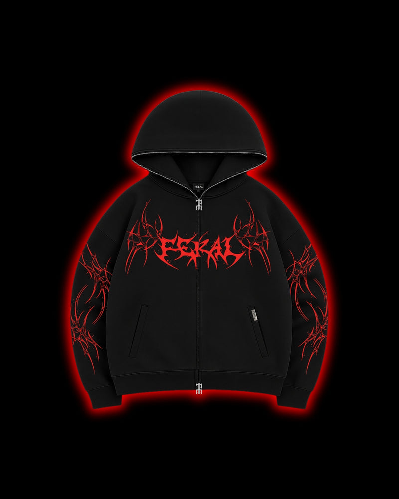 FERAL Rogue Zip Hoodie red front - cyber sigilism pattern on red zip hoodie