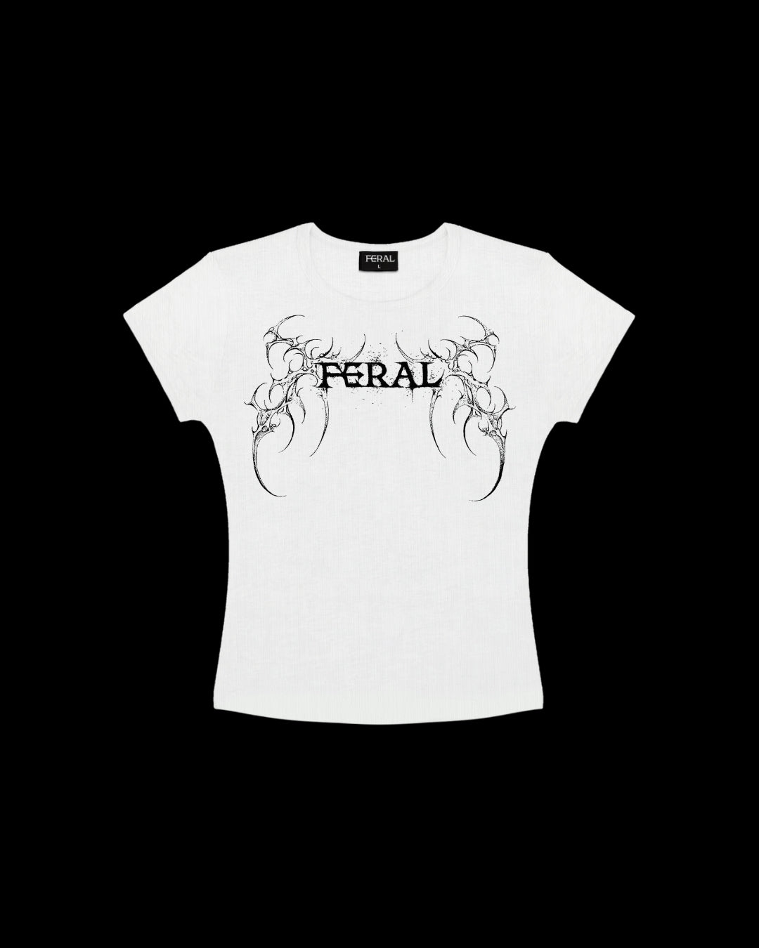 FERAL Sigilism Baby Tee white front - fitted cyber sigilism design baby tee