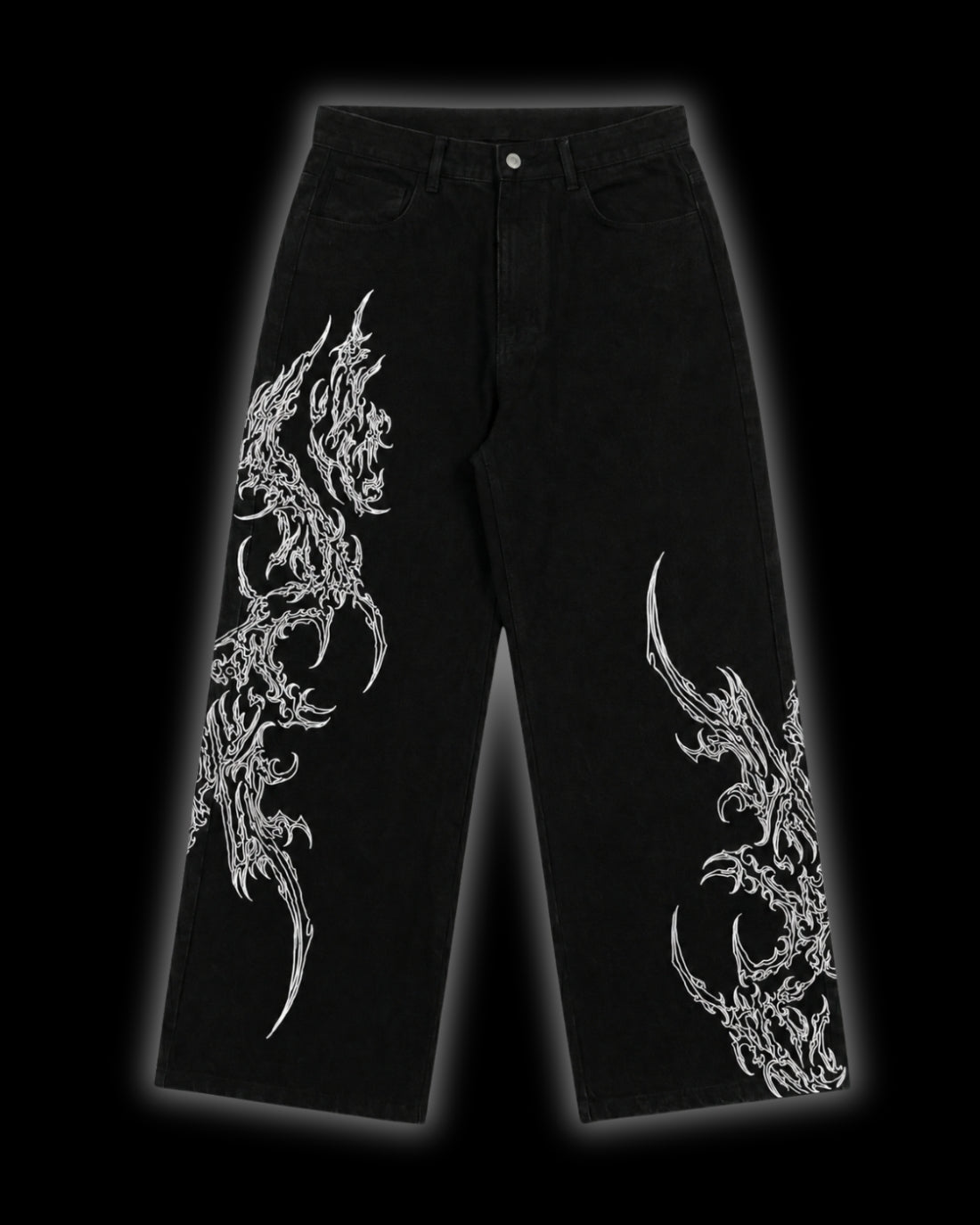 FERAL Sigilmarked Jeans front - unisex black denim with white cyber sigilism embroidery