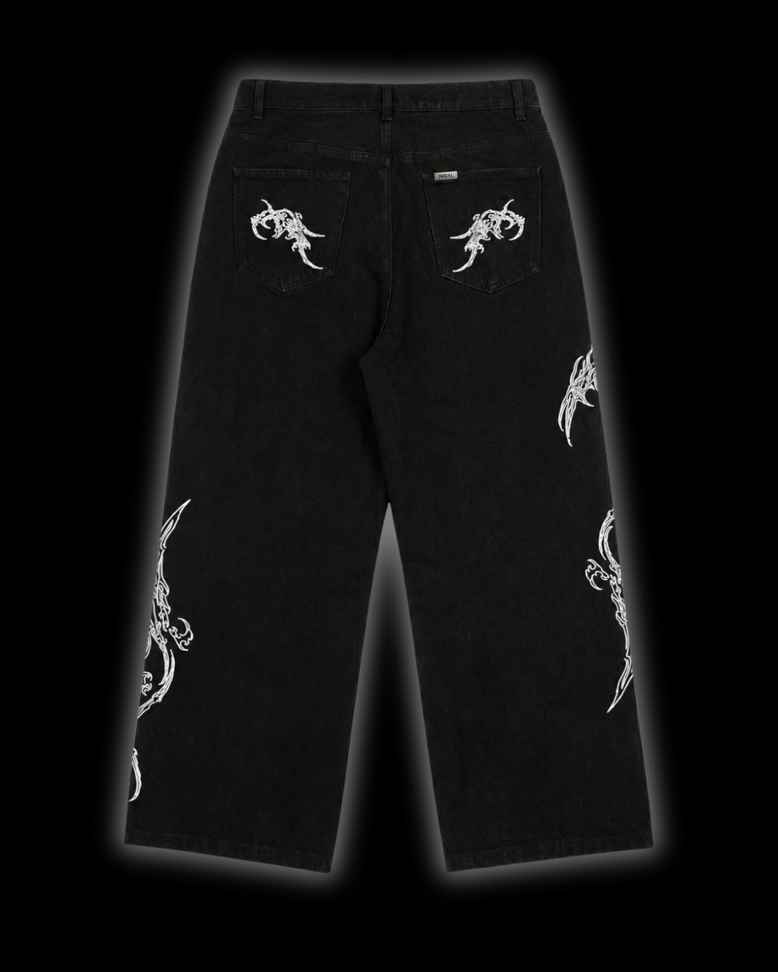 FERAL Sigilmarked Jeans back - black denim with white cyber sigilism embroidery and FERAL back pocket tab