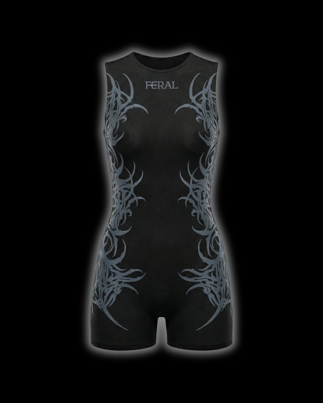 FERAL Black Sigilism One-Piece Romper - backless design with cyber sigilism embroidery
