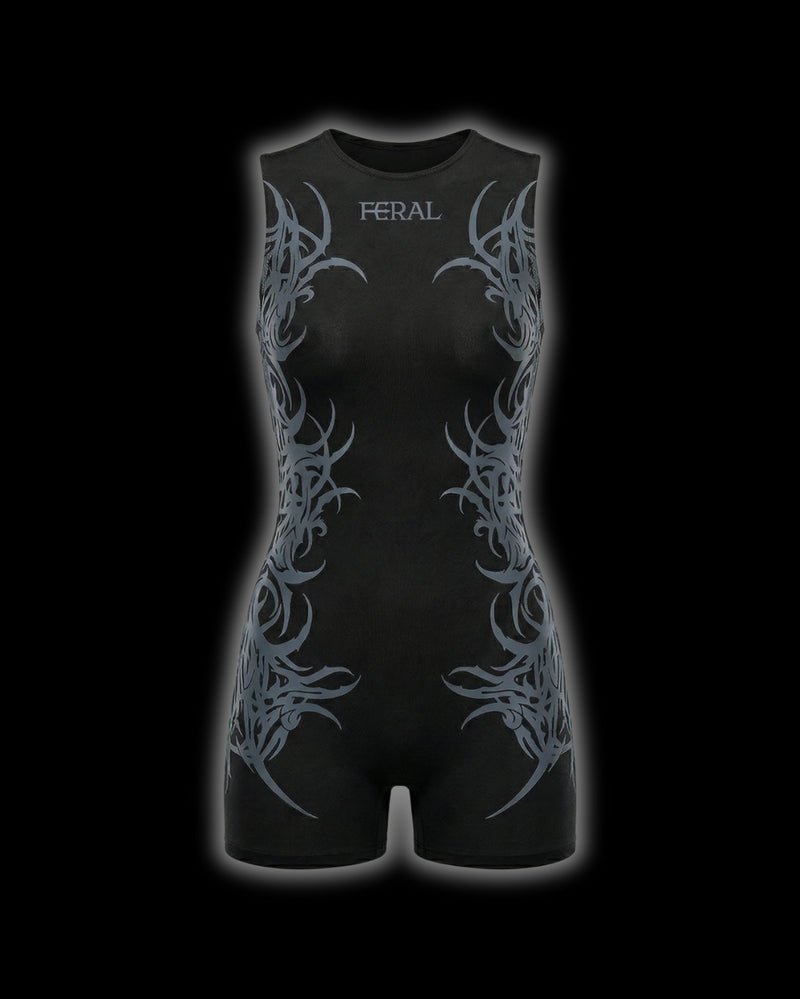 FERAL Black Sigilism One-Piece Romper - backless design with cyber sigilism embroidery