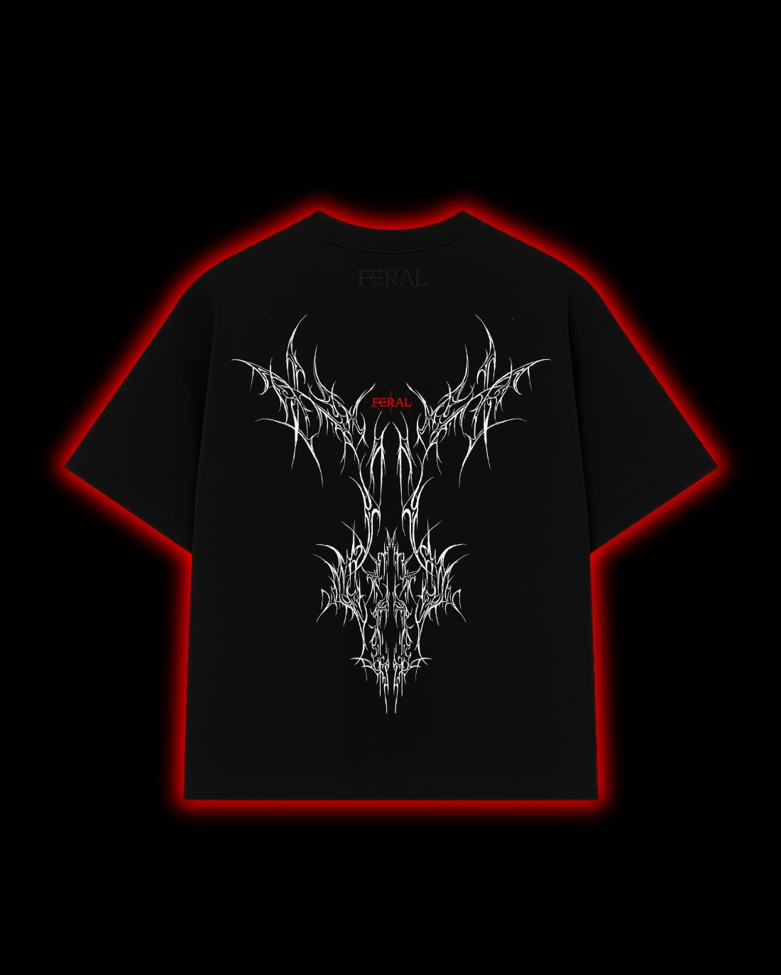 FERAL Sigil of Ascendancy back print - intricate cyber sigilism design on black oversized tee