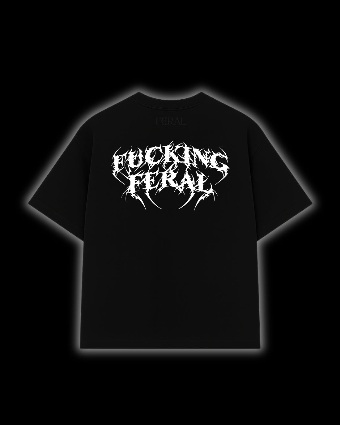 FERAL Fucking Feral tee back print - bold cyber sigilism design on black oversized tee