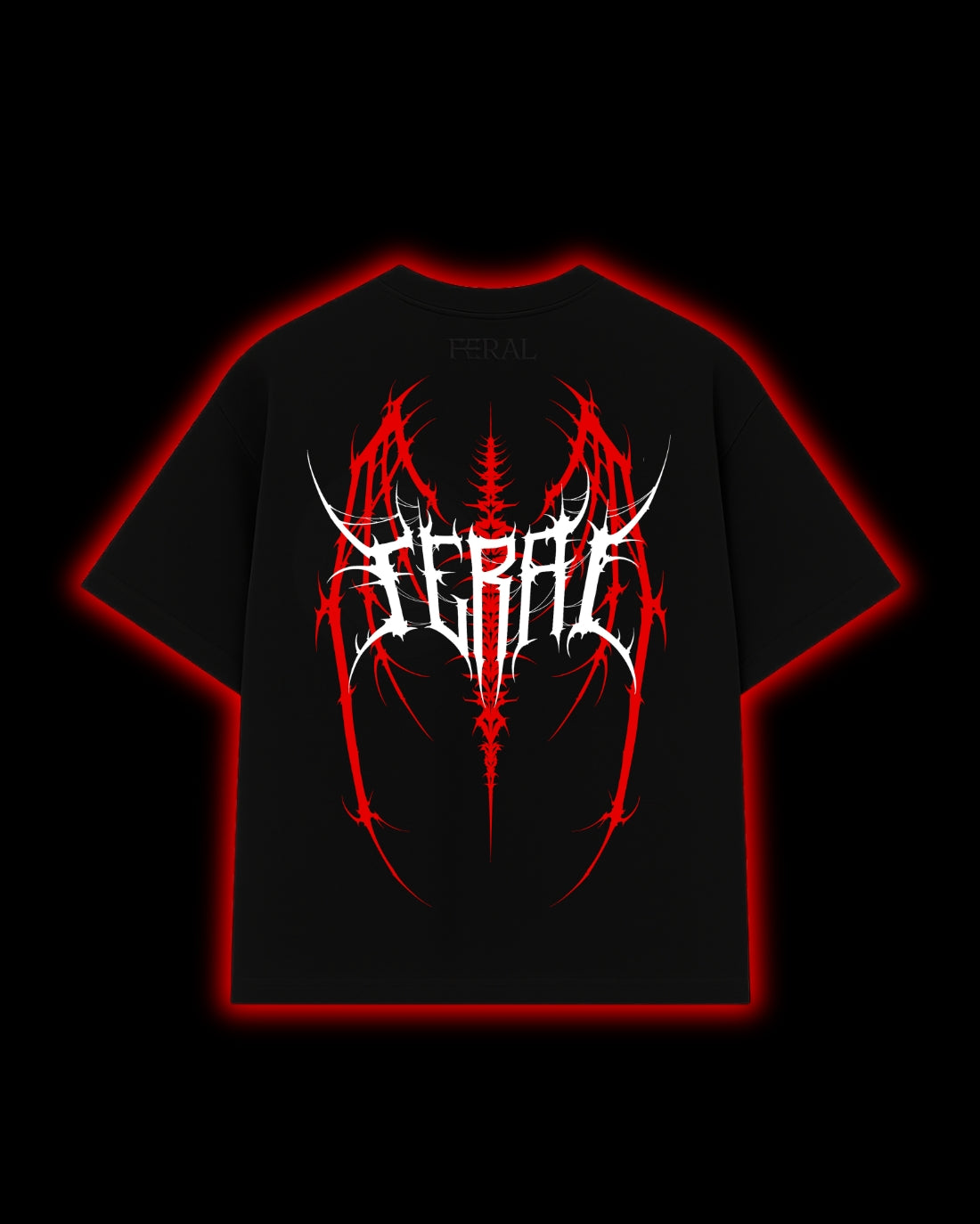 FERAL Barbed Dominion back print - bold cyber sigilism design on black oversized tee
