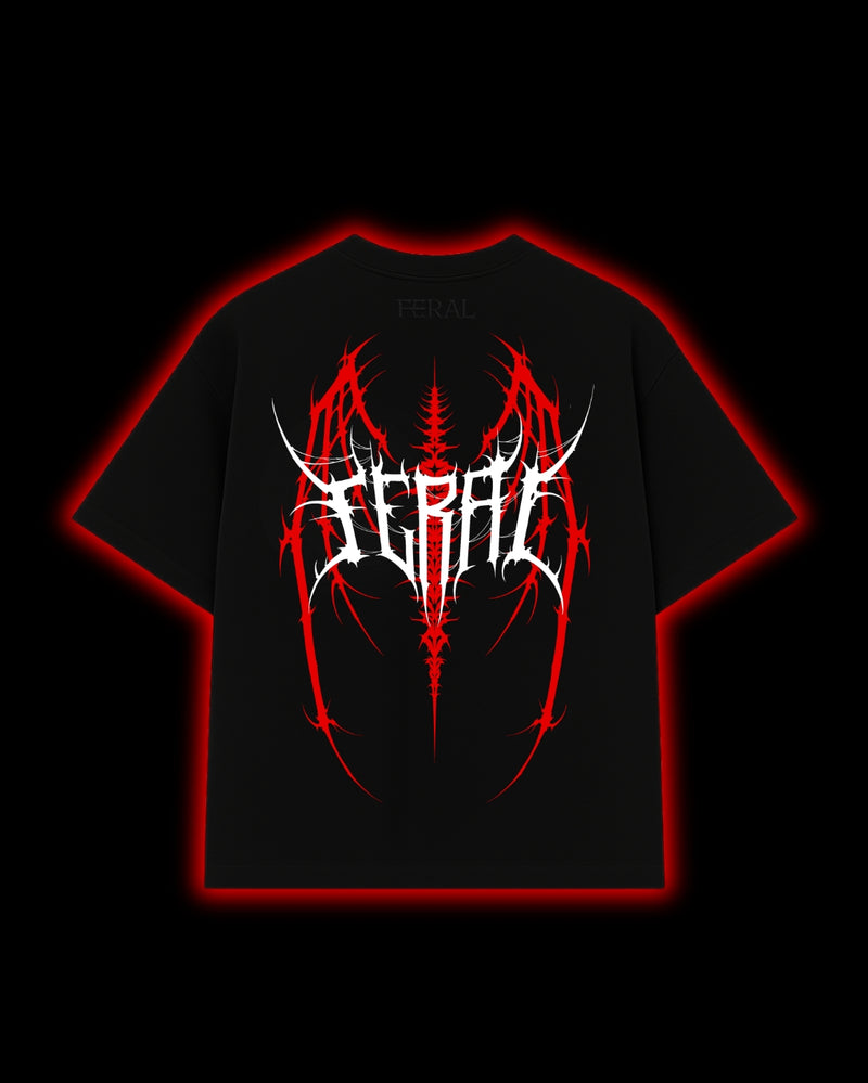 FERAL Barbed Dominion back print - bold cyber sigilism design on black oversized tee