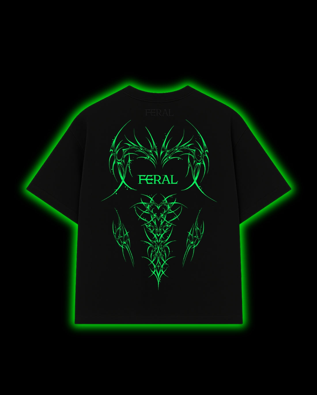 FERAL Rogue Neon Green tee back - neon green cyber sigilism print on black oversized tee