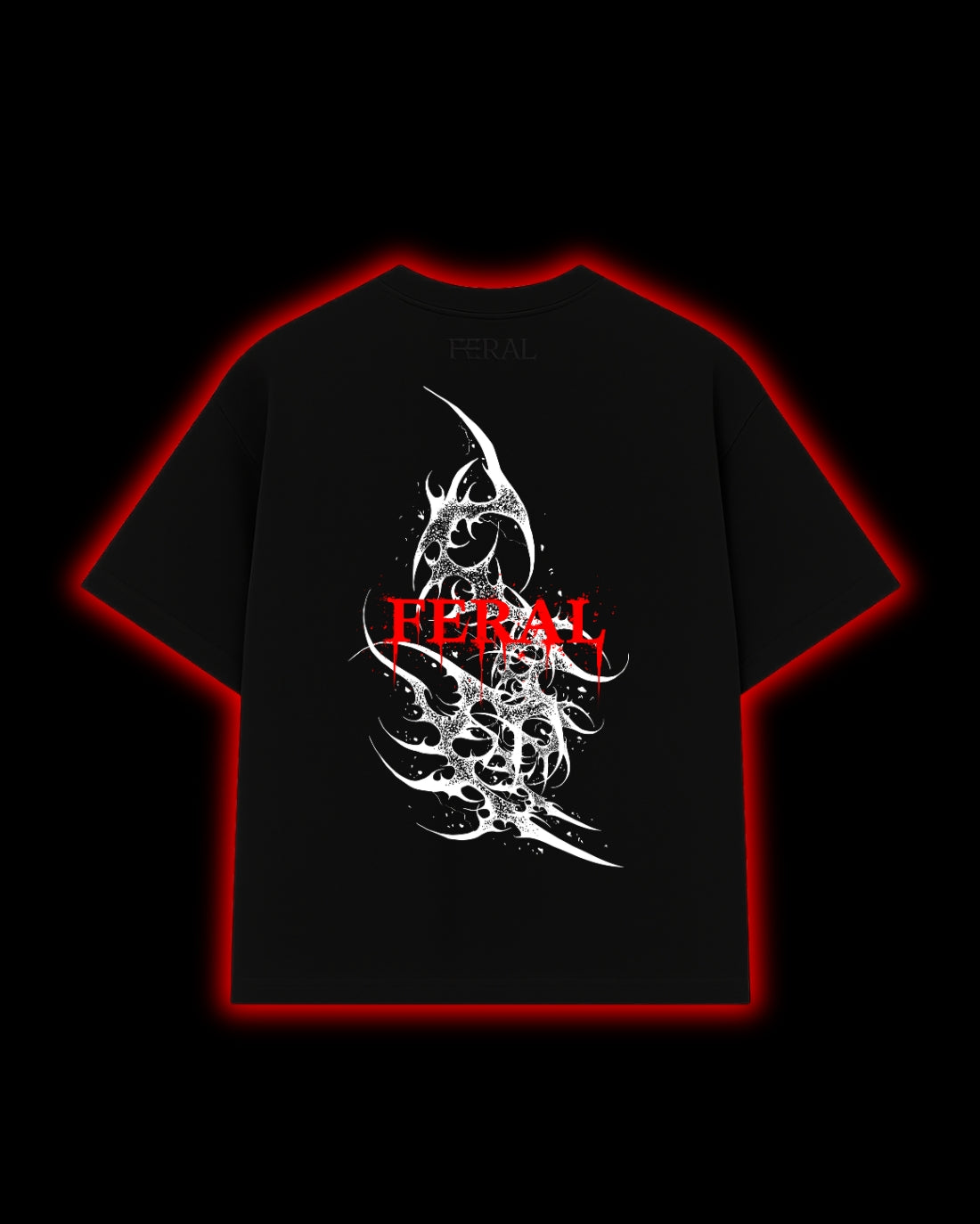 FERAL Bloodline Chaos back print - dark cyber sigilism design on black oversized tee