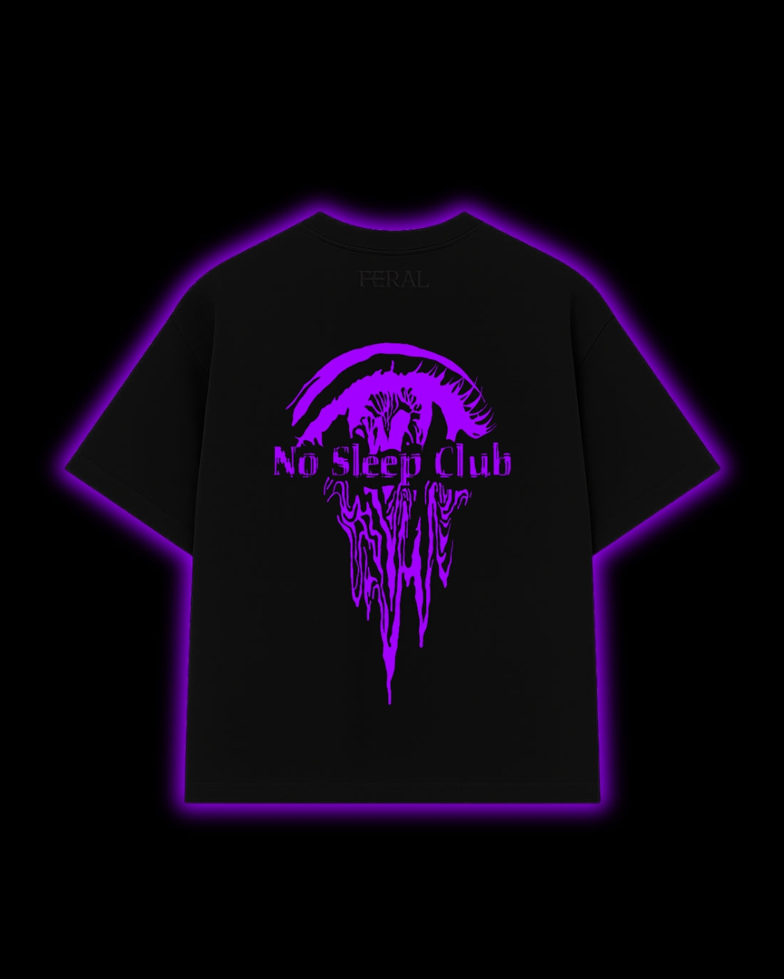 FERAL No Sleep Club tee back print - cyber sigilism design on black oversized tee