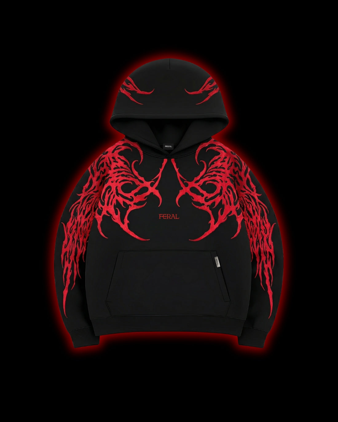 FERAL Devour Red Sigil Hoodie front - red cyber sigilism embroidery on black heavyweight French terry