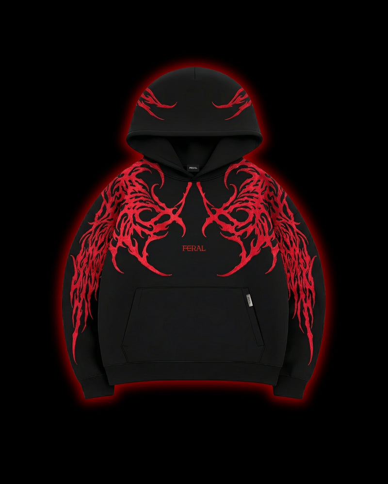 FERAL Devour Red Sigil Hoodie front - red cyber sigilism embroidery on black heavyweight French terry