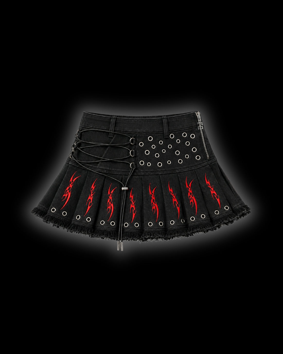 FERAL Sigilism mini skirt front - pleated black denim with red cyber-sigilism embroidery, elasticated lace-up front and metal eyelet detailing