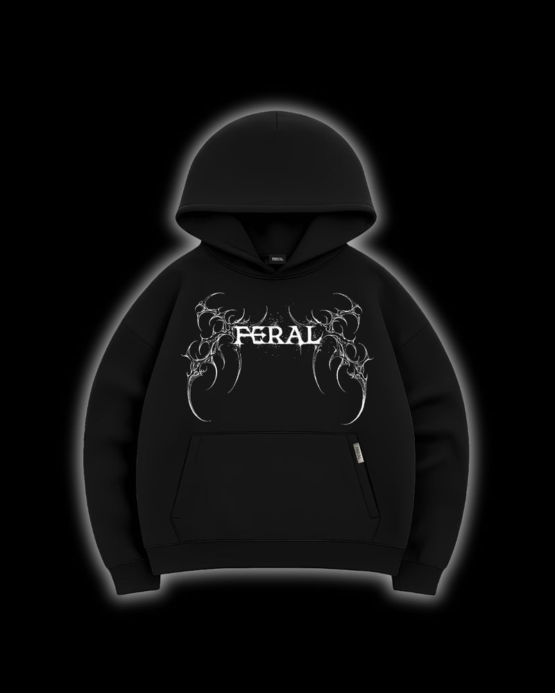 FERAL Sigilism Hoodie front view - black 450gsm French terry hoodie with embroidered cyber sigilism design