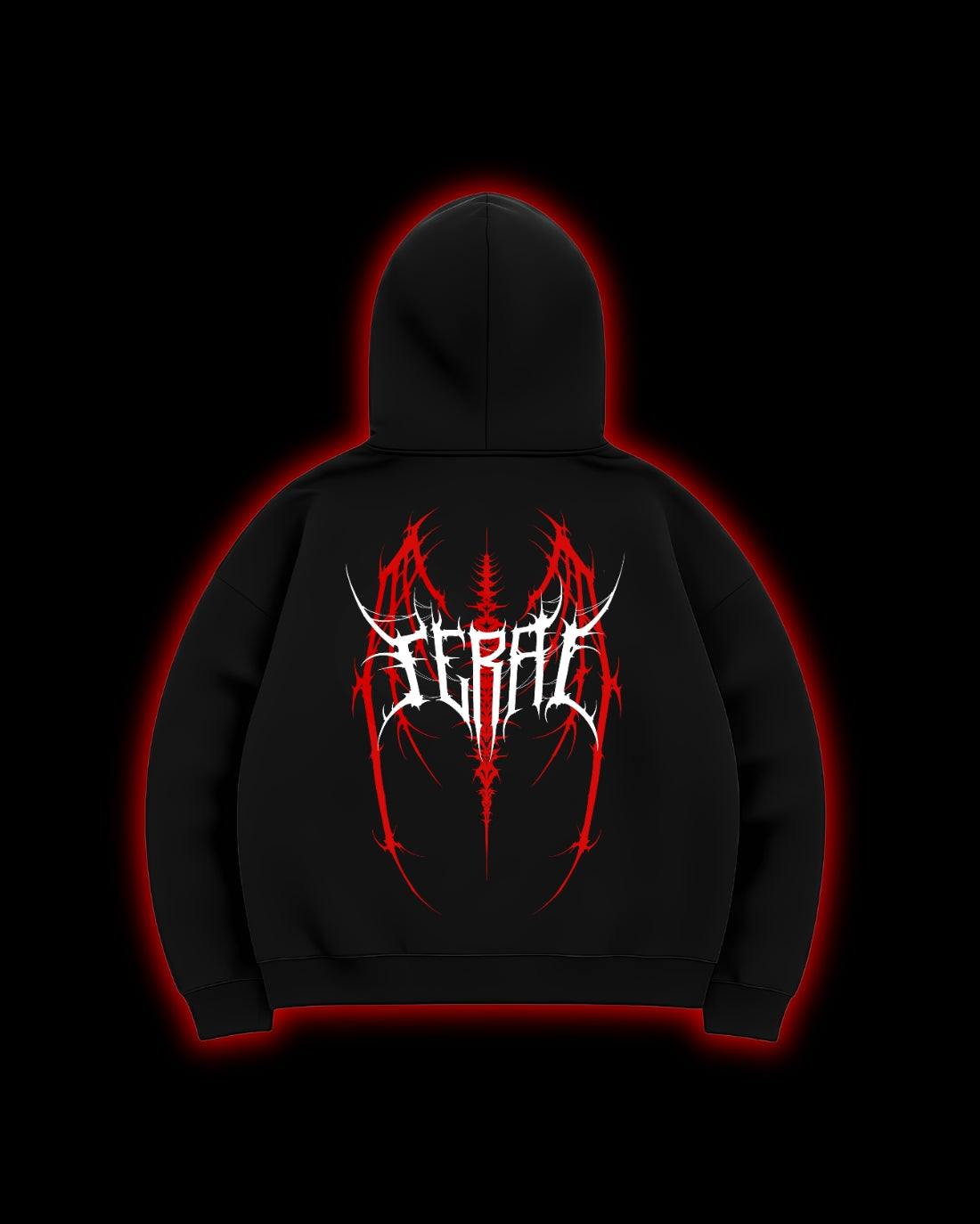 FERAL Barbed Dominion Hoodie back - cyber sigilism embroidery pattern on black French terry hoodie