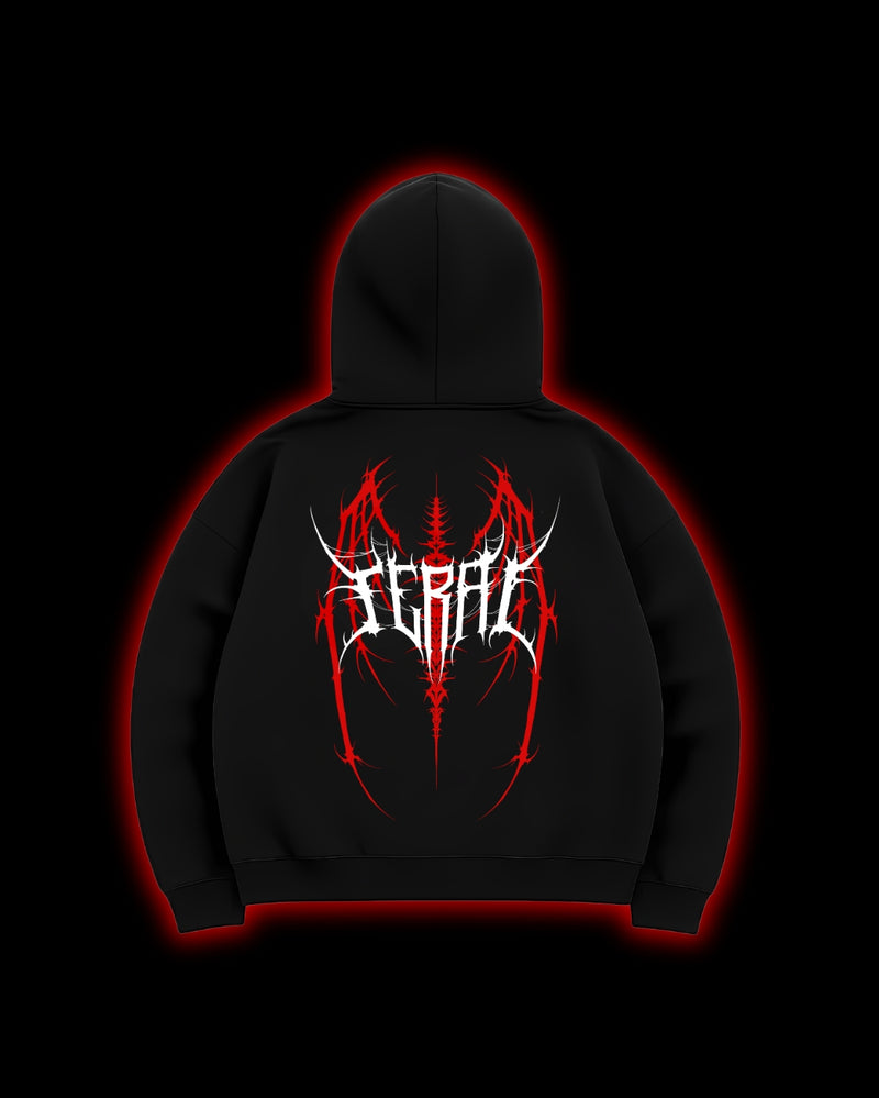 FERAL Barbed Dominion Hoodie back - cyber sigilism embroidery pattern on black French terry hoodie