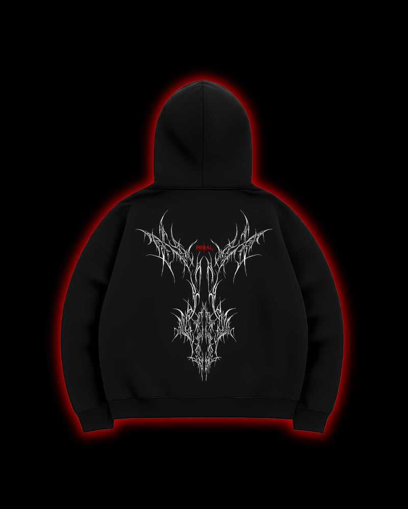 FERAL Sigil of Ascendancy Hoodie back - cyber sigilism embroidery on black heavyweight French terry hoodie