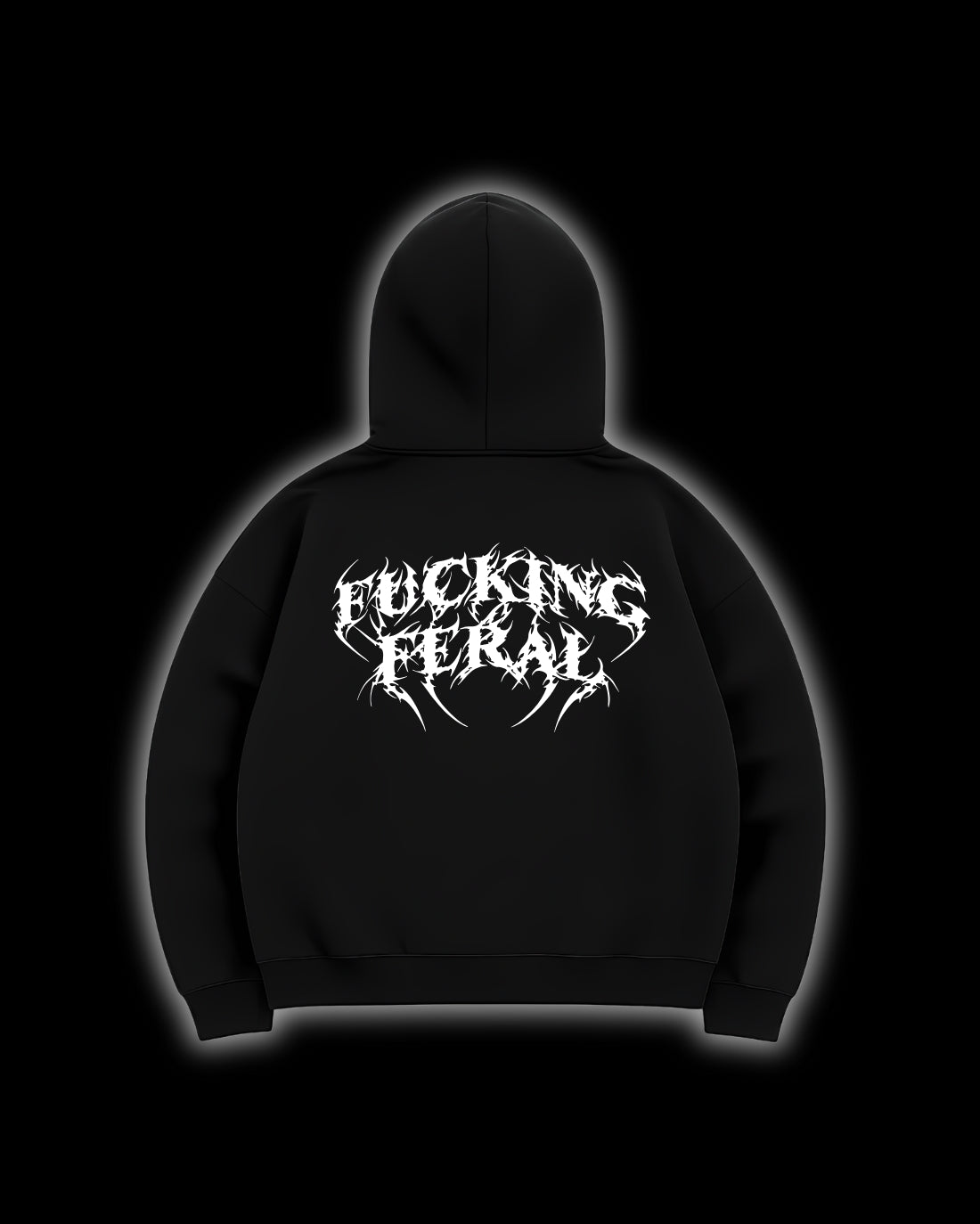 FERAL Fucking Feral Hoodie back - cyber sigilism design on black heavyweight French terry hoodie