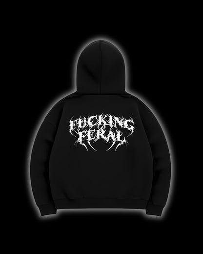 FERAL Fucking Feral Hoodie back - cyber sigilism design on black heavyweight French terry hoodie