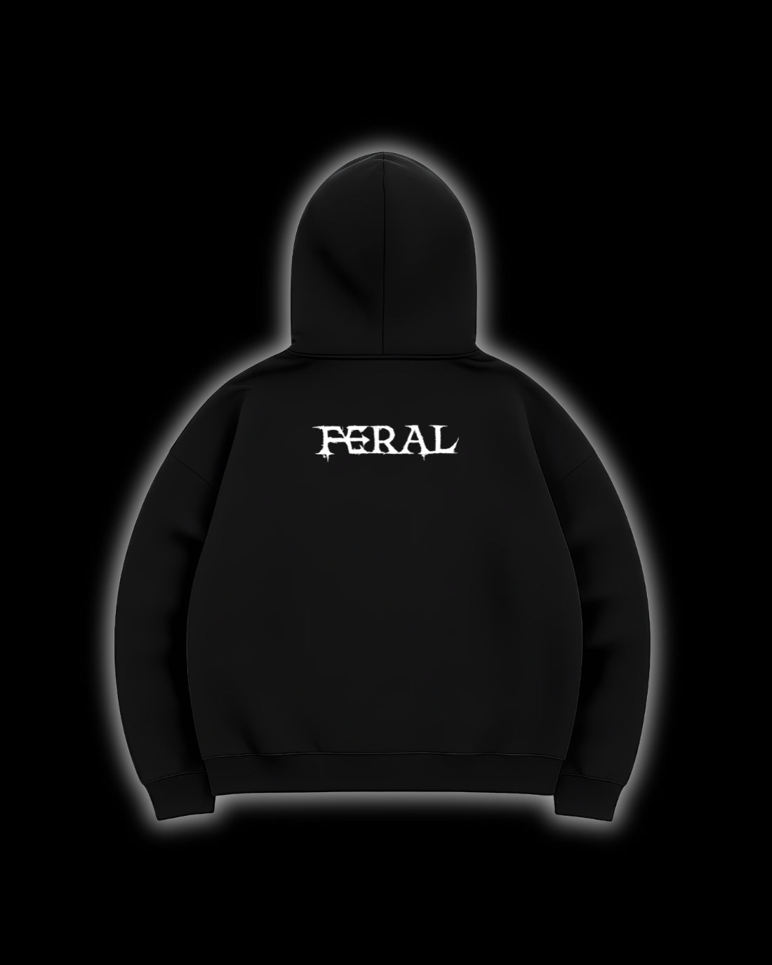 FERAL Sigilism Hoodie back view - intricate cyber sigilism embroidery pattern on black heavyweight hoodie