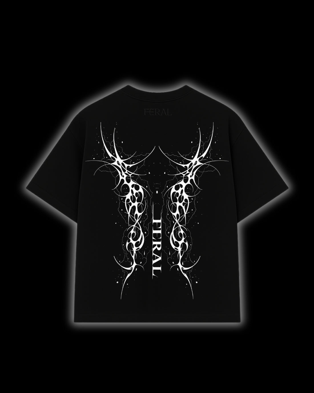 FERAL Sigil of Ruin back print - aggressive cyber sigilism design on black oversized tee