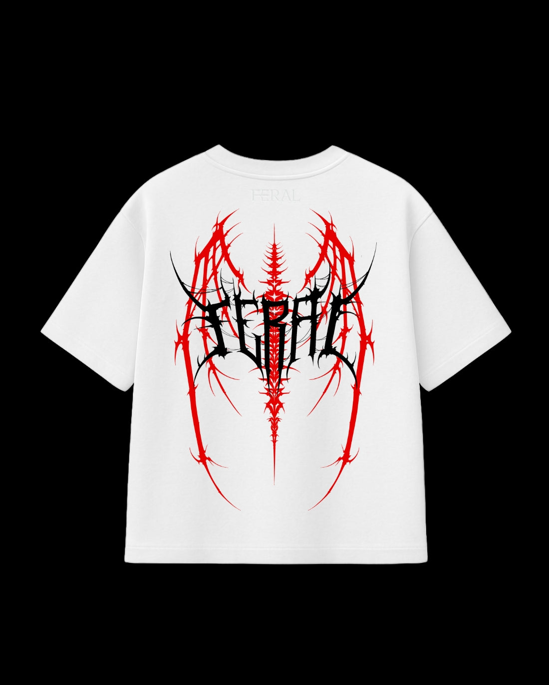 FERAL Barbed Dominion white tee back print - cyber sigilism design on white oversized tee