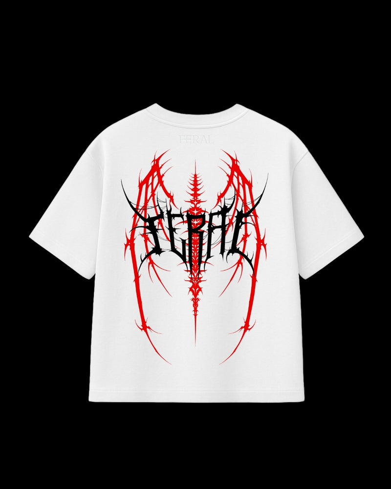 FERAL Barbed Dominion white tee back print - cyber sigilism design on white oversized tee