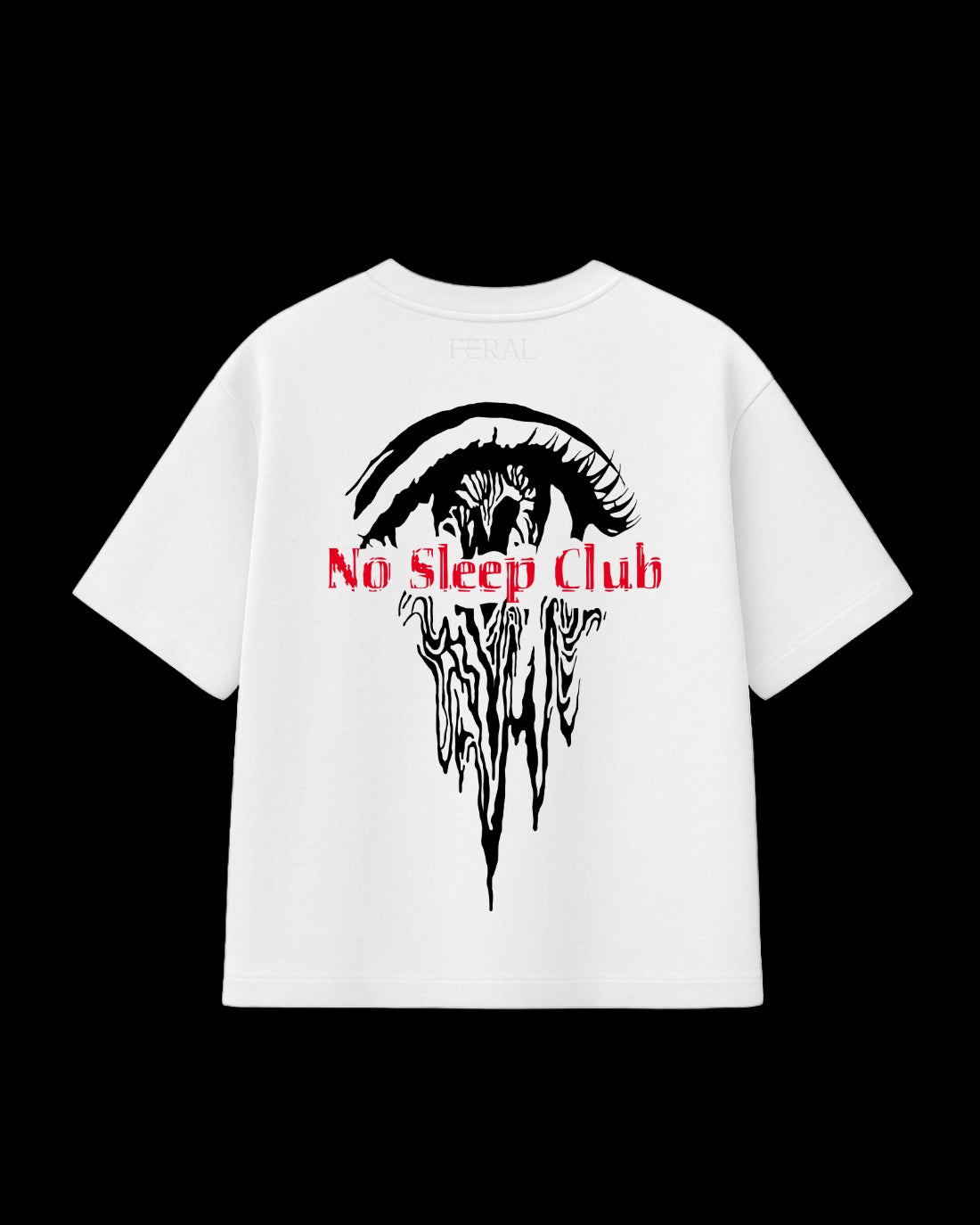 FERAL No Sleep Club tee back print white - cyber sigilism design on white oversized tee