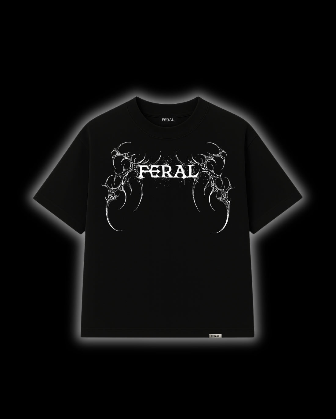 FERAL Sigilism tee front view - signature cyber sigilism design on black oversized tee