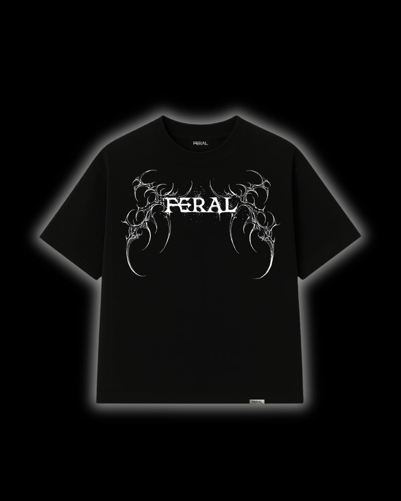 FERAL Sigilism tee front view - signature cyber sigilism design on black oversized tee