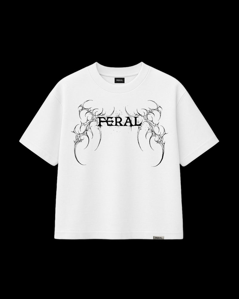 FERAL Sigilism tee white front view - signature cyber sigilism design on white oversized tee