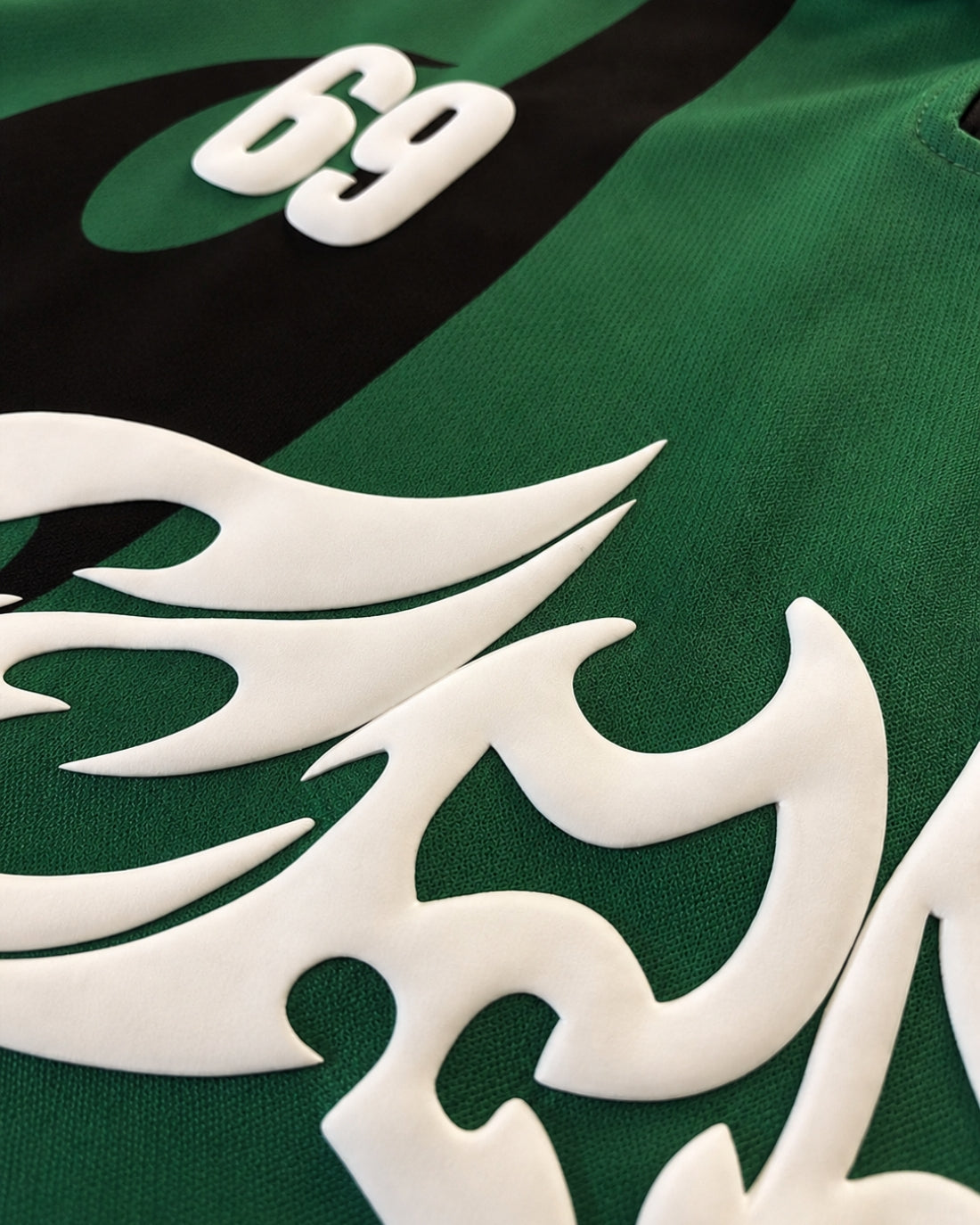 FUCKING FERAL JERSEY raised puff print detail cyber-sigilism tribal green