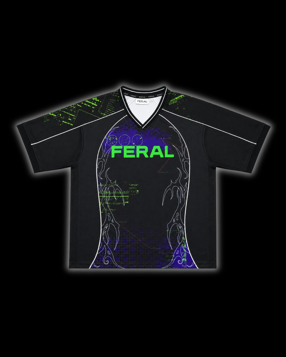 MATRIX JERSEY front UV neon green FERAL wordmark cyber-sigilism matrix print