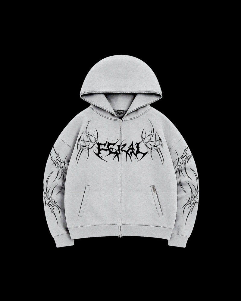 FERAL Rogue Zip Hoodie grey front - cyber sigilism pattern on grey zip hoodie