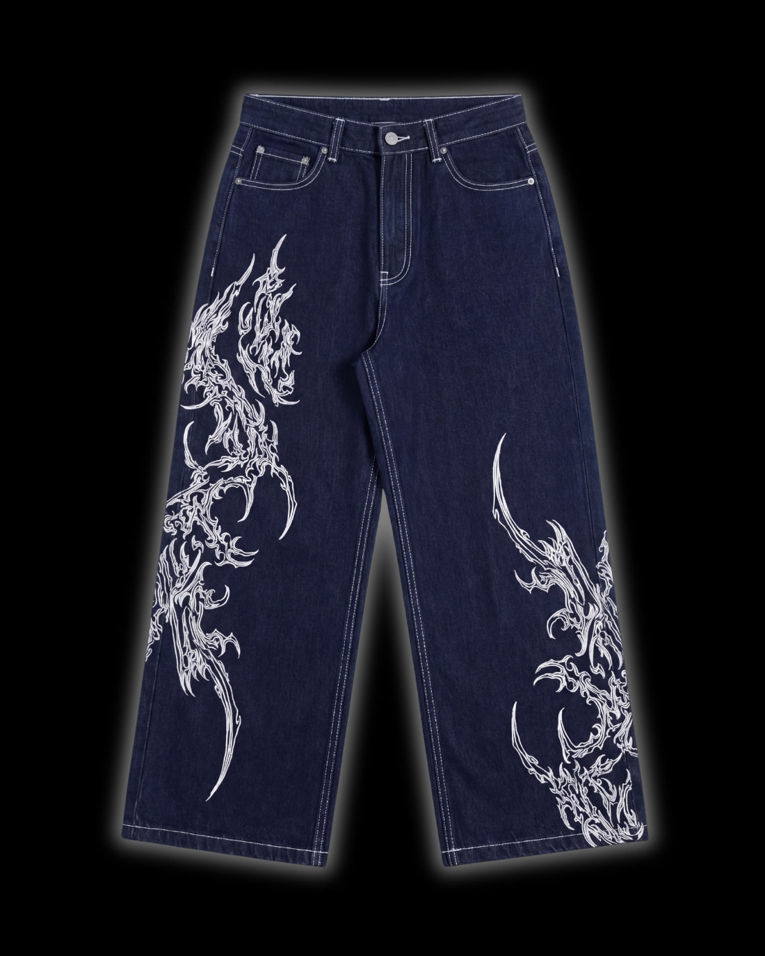 FERAL Sigilmarked Jeans front - unisex blue denim with white cyber sigilism embroidery