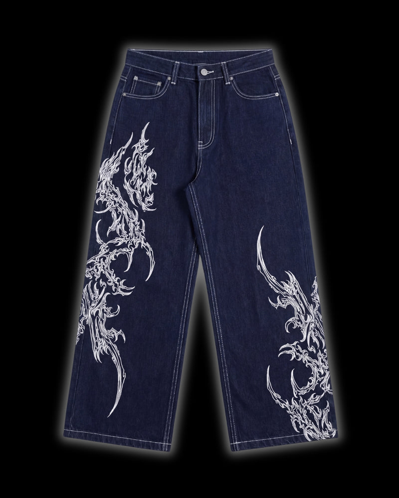 FERAL Sigilmarked Jeans front - unisex blue denim with white cyber sigilism embroidery