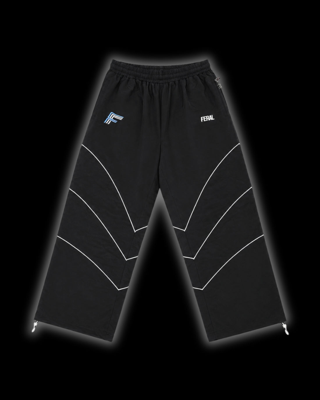 TRIBAL RACER TRACK PANT blue front wide-leg reflective chevron piping drawstring ankle cuffs FERAL hip logo F monogram