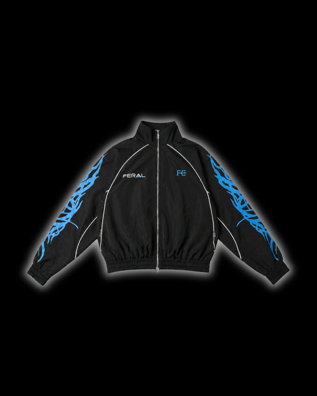 TRIBAL RACER WINDBREAKER blue front cyber sigilism tribal sleeves reflective piping two-way zip high collar FERAL