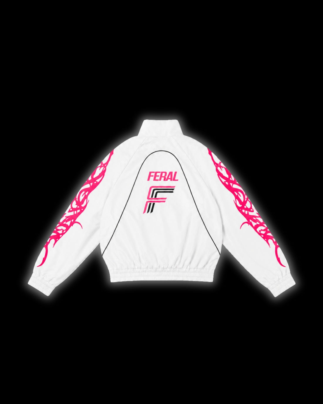 TRIBAL RACER WINDBREAKER pink back white nylon FERAL F monogram pink cyber sigilism tribal sleeves