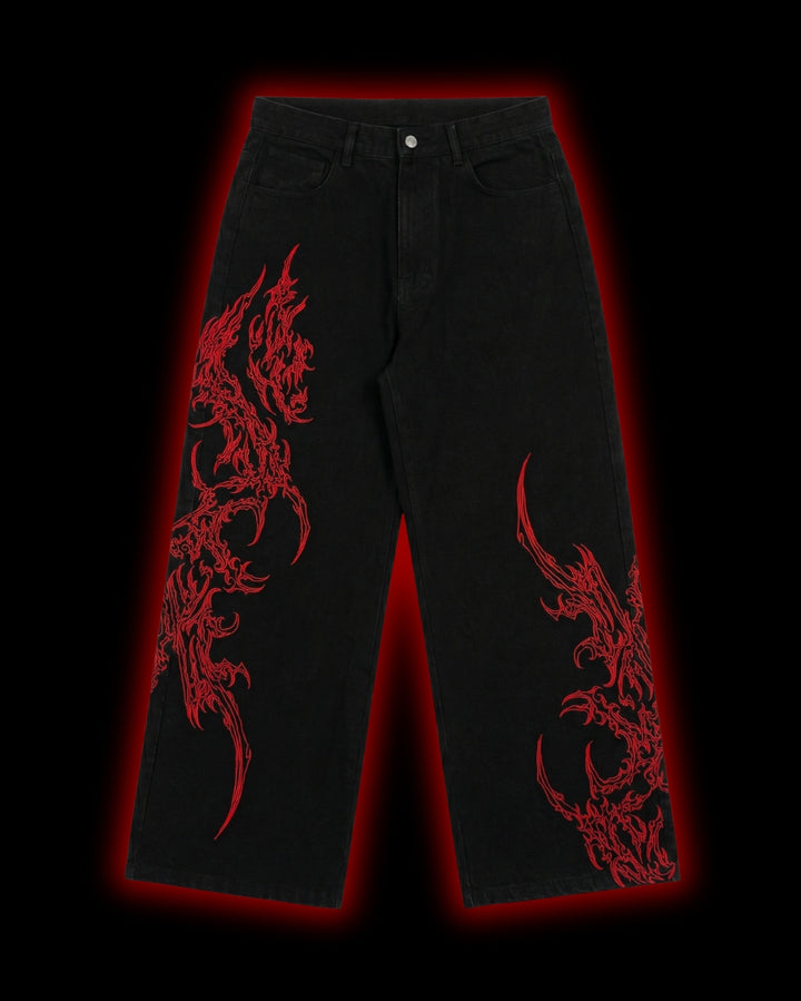 FERAL Sigilmarked Jeans front - unisex black denim with red cyber sigilism embroidery